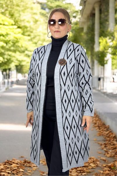 yagmurberen Baklava Patterned Broch Detailed Long Sleeve Shal Collar Large Size Knitting Cardigan