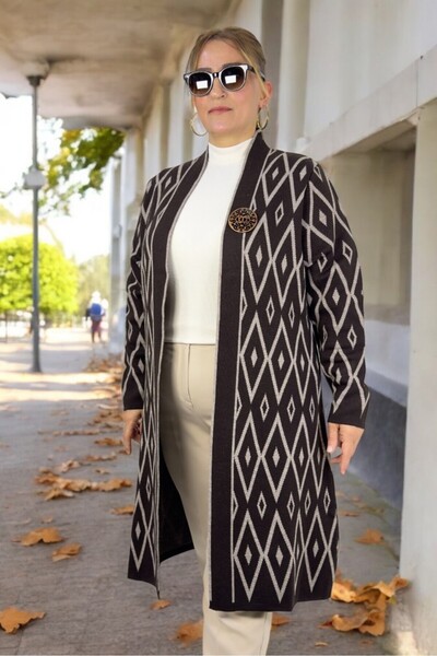 yagmurberen Baklava Patterned Broch Detailed Long Sleeve Shal Collar Large Size Knitting Cardigan