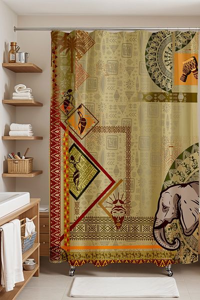 EVPANYA Κουρτίνα μπάνιου, Ethnic Abstract Κουρτίνα μπάνιου με ανθρώπινο και ελέφαντα, κουρτίνα μπανιέρας 175x200cm