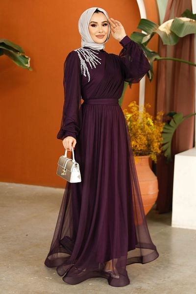 Nursima 6348 Stone Detailed Belted Grain Tulle Fabric, Lined Hijab Evening Dress