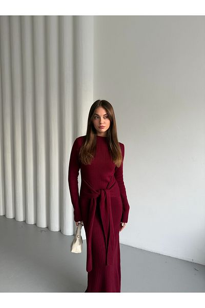 Laluvia Rochie lungă cu cravată în față bordeaux - 7177