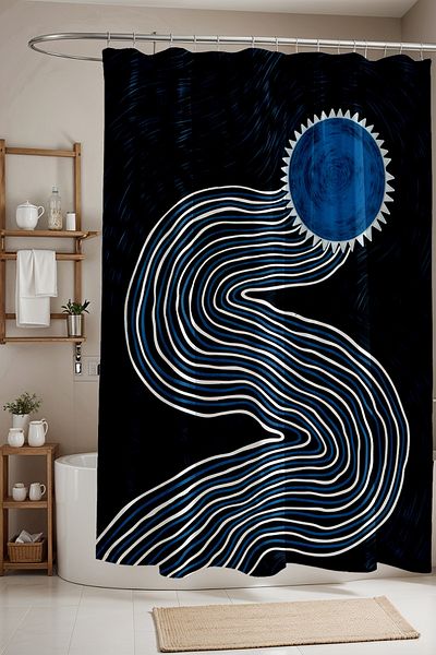 EVPANYA Perdeau de baie, perdea de duș cu model de val de soare albastru boem, perdea pentru cadă 175x200cm