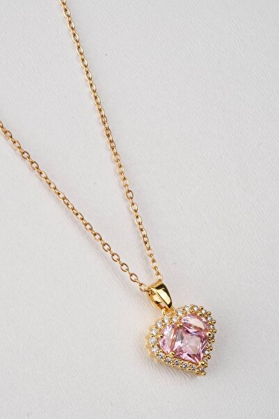 SAPHYRA Steel Chain Gold Color Zircon Stone Pink Heart Model Women's Necklace
