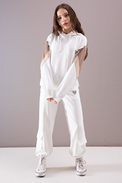 Cansın Mini Girl's Ecru Double Suit with Logo, Cargo Pocket 19867