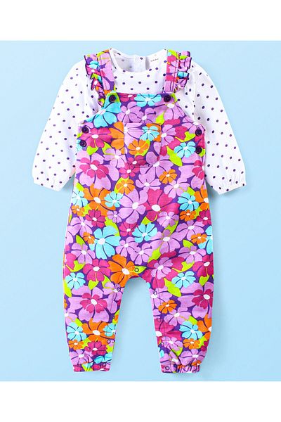 Babyhug Babyhug Cotton Knit Full Sleeves Polka Doted Top with Floral Printed Dungaree - White & Purple
