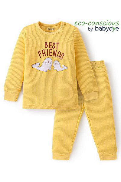 Babyoye Babyoye Cotton Modal Blend Full Sleeves Sea Lion Printed Thermal Vest & Pant Set - Yellow