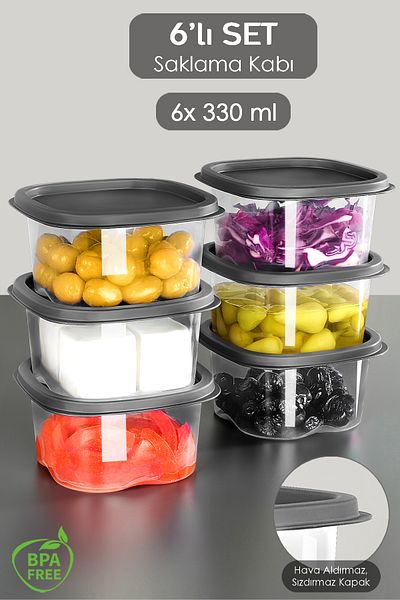 Meleni Home 6 Pieces Square Food Storage Container - Refrigerator Organizer Microwave Freeze Container 330ml Anthracite