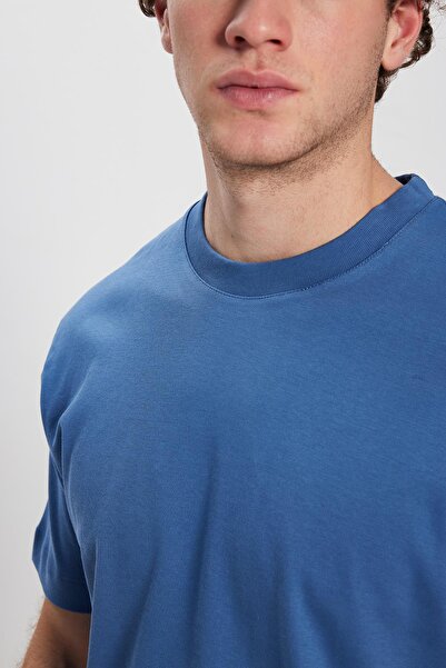 Tudors Unisex Relax Fit Άνετη κοπή 100% βαμβακερή μαλακή υφή Basic T-shirt Indigo με λαιμόκοψη