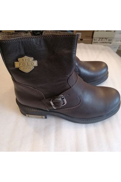 B.F.G POLO STYLE Unisex Genuine Leather Coffee Tape Buckle Zipper Rubber Sole Biker Boots