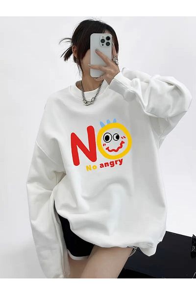 PALPİTO Γυναικείο φούτερ με λευκό No Angry Printed Crew Neck Oversize