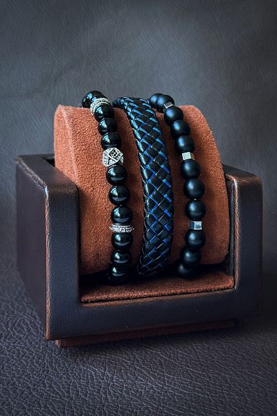 Onouqo Men's Leather and Natural Stone Combination Bracelet Set - 3 Pieces