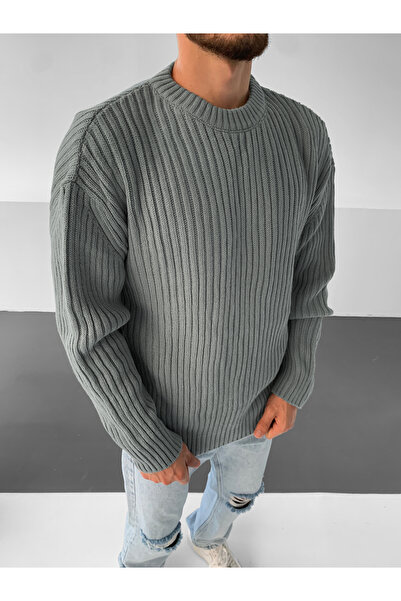 NO1 KONSEPT Gray Loose Fit Ribbed Crew Neck Knitted Sweater