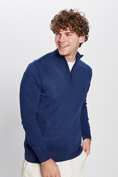 Tudors Men's Classic Fit Regular Cut Wool Zippered Saks Blue Stand Collar Knitwear Sweater