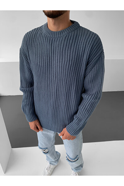 NO1 KONSEPT Синій трикотажний светр з коміром-стійкою та шнурком