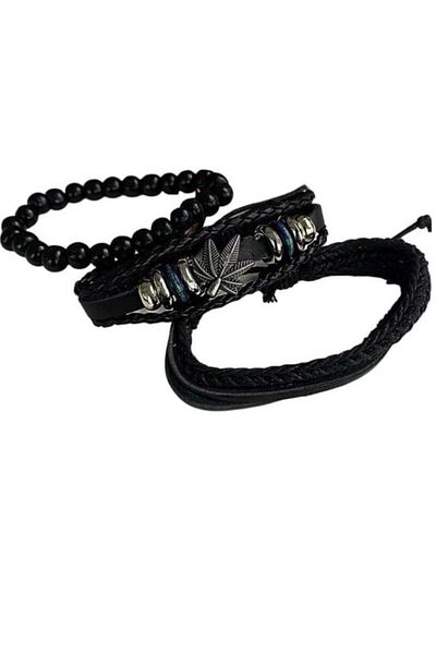 asya stil Triple Leather Bracelet Set - Palm Leaf Figured