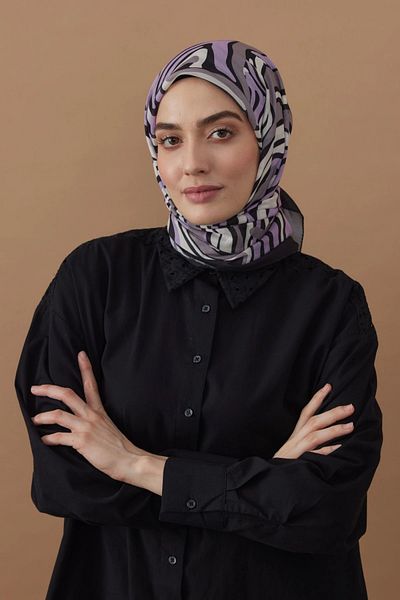 Modakaşmir Zebra Patterned Black Lilac Cotton Scarf - 110X110