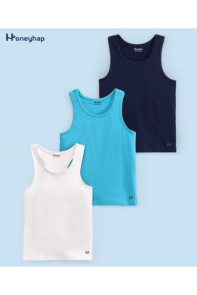 Honeyhap سترة Honeyhap Premium Single Jersey بدون أكمام، عبوة من 3 قطع، بلمسة نهائية حيوية، أزرق، أبيض ساطع، وبحري، ولون الفاوانيا