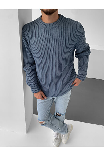 NO1 KONSEPT Синій трикотажний светр з коміром-стійкою та шнурком