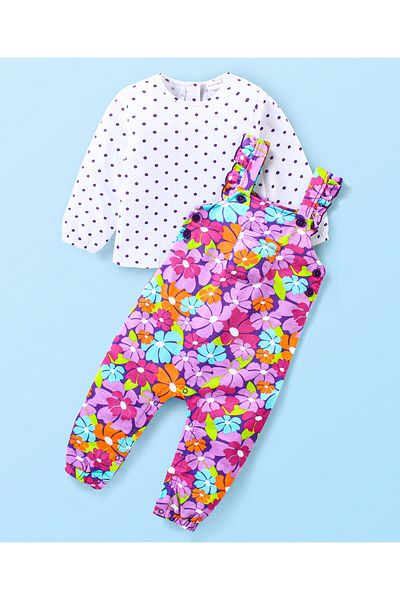 Babyhug Babyhug Cotton Knit Full Sleeves Polka Doted Top with Floral Printed Dungaree - White & Purple