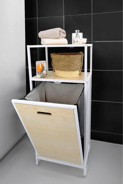 Digithome Metal Kirli Sepetli 2 Raflı Çamaşır Sepeti Çamaşırlık Akçaağaç HMRS-006