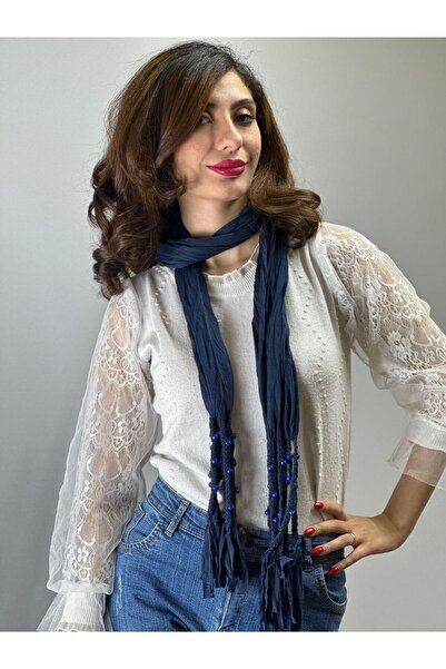 Gönülden Tasarım Beaded Combed Combed Soft Women's Scarf Shals 130X40 cm Dark Blue
