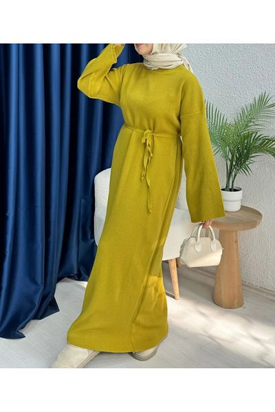 Vaniza Lace-Up Long Crew Neck Knitwear Dress