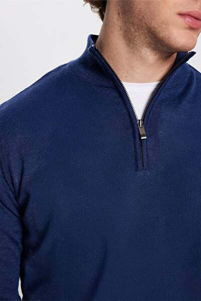 Tudors Men's Classic Fit Regular Cut Wool Zippered Saks Blue Stand Collar Knitwear Sweater