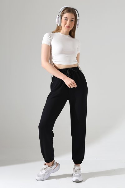 Balta Collection Women's Black Modal Fabric High Waist Double Pocket Soft Textured Rubber Leg Detailed Sweatpants