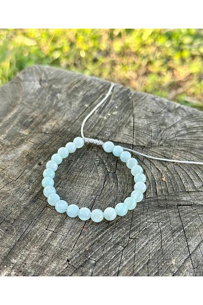 Gökçeada Certified 6 mm Macrame Aquamarine Stone Women Men's Bracelet