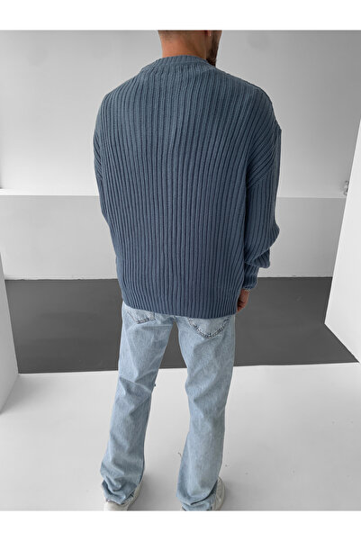 NO1 KONSEPT Синій трикотажний светр з коміром-стійкою та шнурком