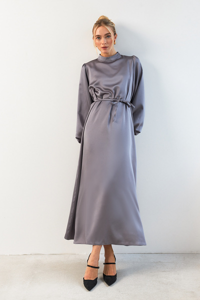 VAVİNOR Γκρι Σατέν Βραδινό Φόρεμα - Φόρεμα με μπαλόνι μανίκι