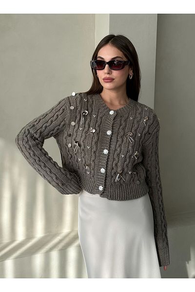 Laluvia Mink Beaded Sequin Embroidered Cardigan - 4274