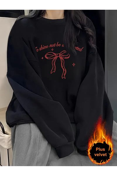 PALPİTO Women's Black to Shine Ribbon Printed Crew Neck Oversize Sweatshirt