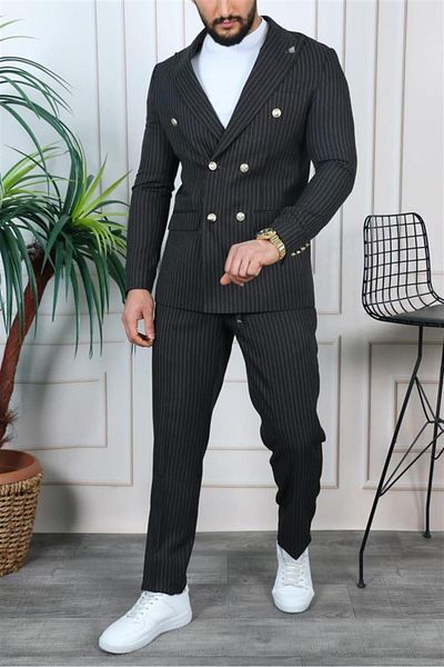 AGUSTİNİ Black and White Stripe Slim Fit Jogger Pant Suit - Pointed Neck |   Agustin