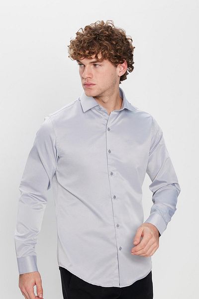 Tudors Slim Fit hosszú ujjú pamut sima férfi szürke ing
