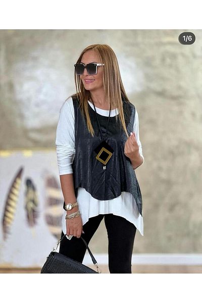 NUR TEKSTİL White Viscose Cotton Women's Long Sleeve T-Shirt and Leather Vest Set of Two