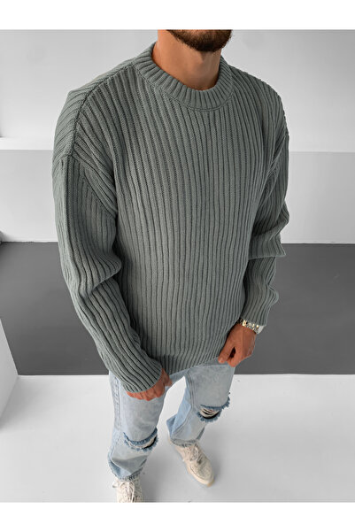 NO1 KONSEPT Gray Loose Fit Ribbed Crew Neck Knitted Sweater
