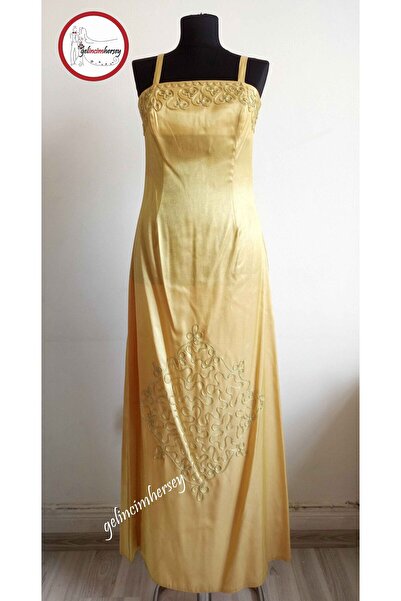 Gelincimherşey Altın Sarısı Saten Nakışlı Bindallı Elbisesi
