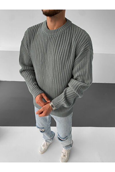 NO1 KONSEPT Gray Loose Fit Ribbed Crew Neck Knitted Sweater