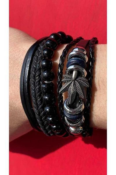 asya stil Triple Leather Bracelet Set - Palm Leaf Figured