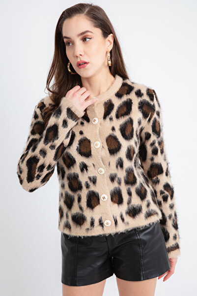 Lafaba Dámský hnědý pletený kardigan s leopardím vzorem na knoflíky