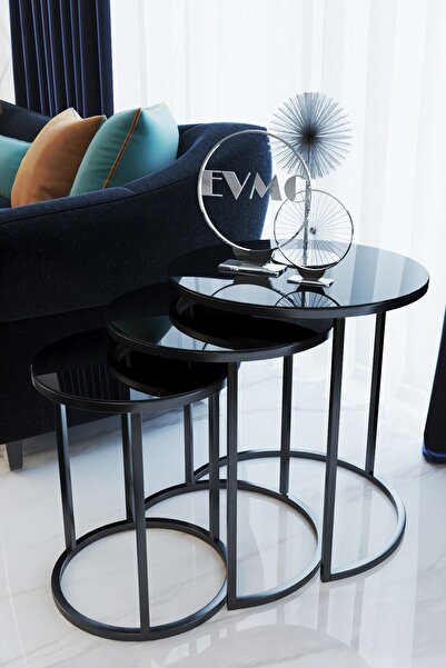 Deepport 3 Lü Zigon Sehpa Siyah Ayak Siyah Ayna