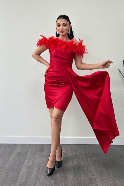 giyimmasalı Rochie mini din satin rosu - Detaliu Otriş