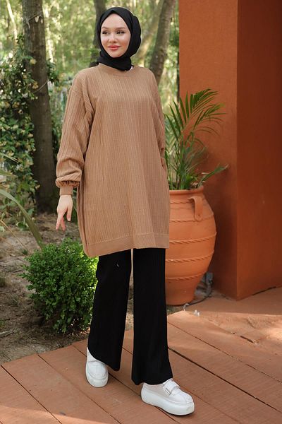 hafsamina Camel Balloon Sleeve Knitwear Tunic - Hm2519