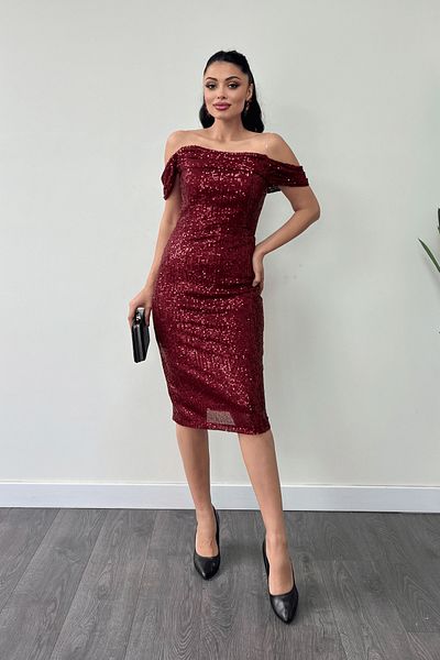 giyimmasalı Tulle Sequin Fabric Degaje Collar Pencil Dress - Bordo
