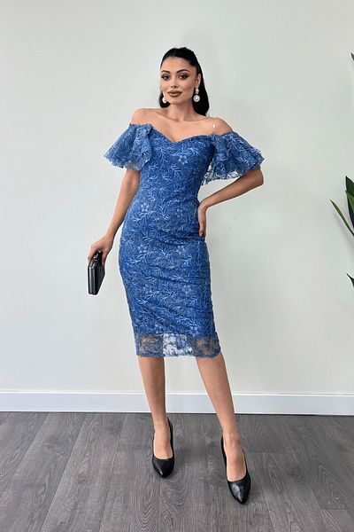 giyimmasalı Boat Neck Lace Pencil Dress - Indigo Blue