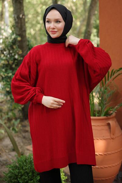 hafsamina Red Balloon Sleeve Knitwear Tunic - Hm2519