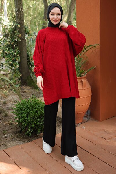 hafsamina Red Balloon Sleeve Knitwear Tunic - Hm2519