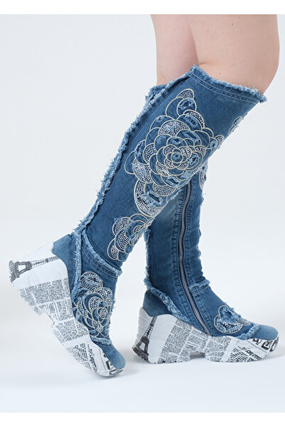 StarBlueMooN Women's Denim Stone Boots 6063