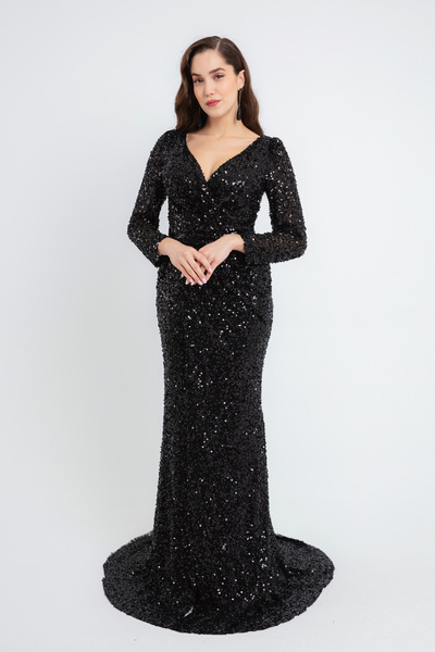 Lafaba Women's Black Double Breasted Neckline Sequin Sequin Long Evening Dress